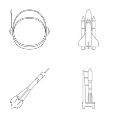 A spaceship in space, a cargo shuttle, A launch pad, an astronaut's helmet. Space technology set collection icons in outline style vector symbol stock illustration web.