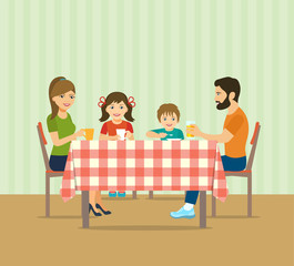 Happy family sitting at the kitchen table.Vector flat illustration.