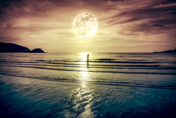 Wall Mural - super moon. colorful sky with cloud and bright full moon over seascape.