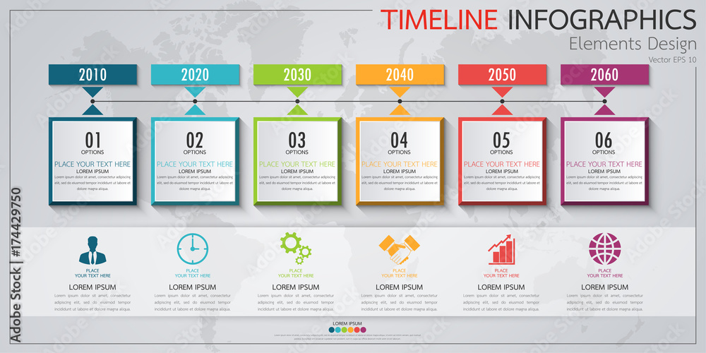 Infographic business horizontal timeline process chart template. Vector modern banner used for presentation and workflow layout diagram, web design. Abstract elements of graph options. - obrazy, fototapety, plakaty 