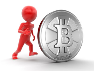 Poster - Silver bitcoin and man. Image with clipping path