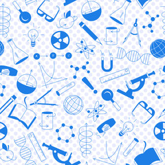 Wall Mural - Seamless pattern on the theme of science and inventions, diagrams, charts, and equipment, a blue silhouettes of icons on the background of polka dots