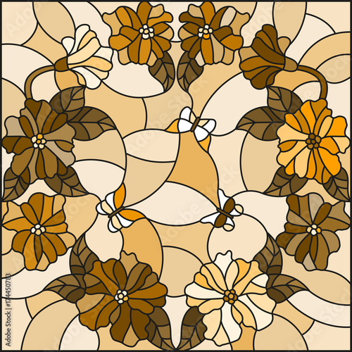Dekoracja na wymiar  ilustracja-w-stylu-witrazu-z-kwiatami-w-kregu-i-motylami-brazowy-odcien-s