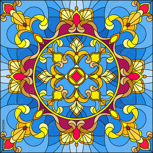 ilustracja-w-stylu-witrazu-kwadratowy-obraz-lustra-z-kwiatowymi-ornamentami-i