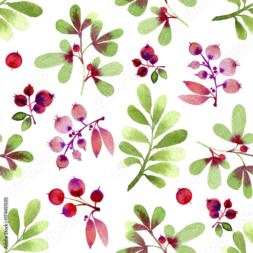 Watercolor green and pink leaves and berries seamless pattern.