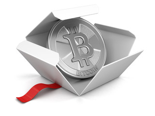 Poster - Open package with Bitcoin. Image with clipping path