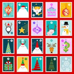 Wall Mural - christmas postage stamps vector set