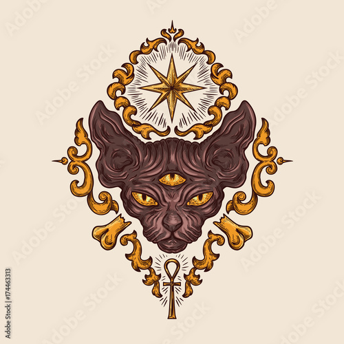Fotografía Black sphinx cat head with mysterious three eyes look, egyptian ankh crux and sirius star drawn vector illustration