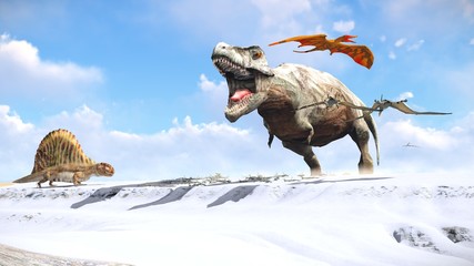 Plakat smok gad błękitne niebo zwierzę tyranozaur