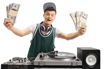 Sticker - Cheerful teenage DJ with bundles of money