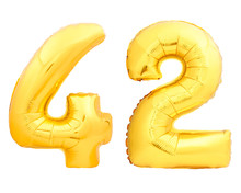 Golden Number 42 Fourty Two Made Of Inflatable Balloon On White