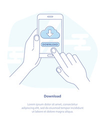 Aufkleber - Flat line icon concept of Hand holding smartphone with File download button on the screen. Downloading Process concept. Isolated vector illustration in light colors.