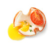 Tasty egg with tomato in ham on white background