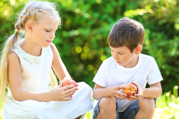 Wall Mural - Cute little children with peaches outdoors