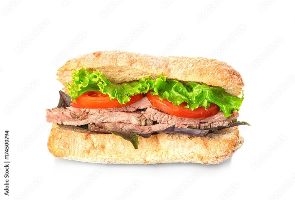 Delicious steak sandwich isolated on white