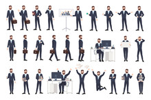 Business Man, Male Office Worker Or Clerk With Beard Dressed In Smart Suit In Different Postures, Moods, Situations. Flat Cartoon Character Isolated On White Background. Modern Vector Illustration.