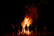 People stand near a big fire at night