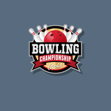 Bowling Championship Emblem. Bowling Logo. Skittles And Ball In A Circle With Ribbons.
