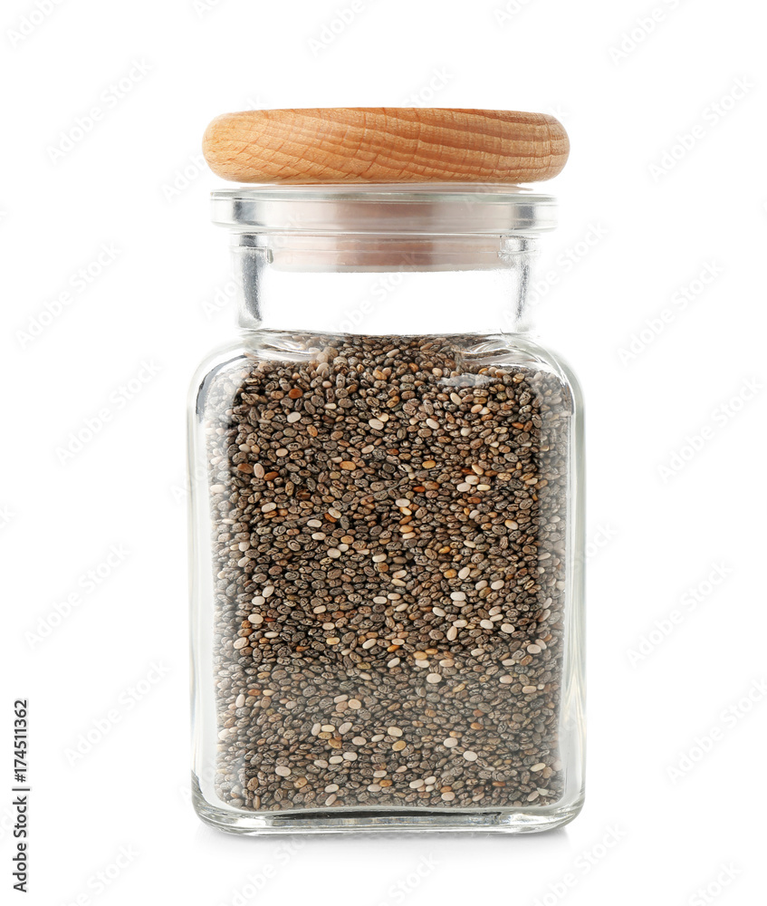 Jar with chia seeds on white background