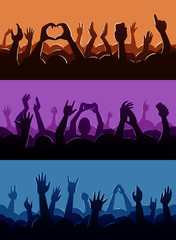 Human fan hands silhouette on music concert festival or concert down from above stage fanzone vector illustration