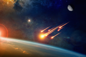 Wall Mural - group of burning exploding asteroids approaches to planet earth