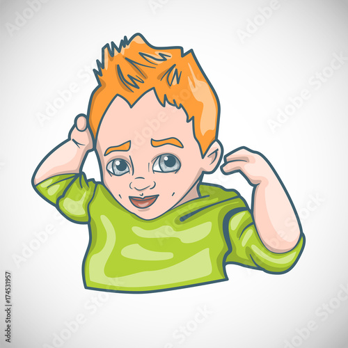 Cartoon Of Cute Little Boy With Orange Hair And Green Sweeter