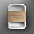 Realistic plastic food container mockup (product package). Vector illustration. White container food box with cardboard label