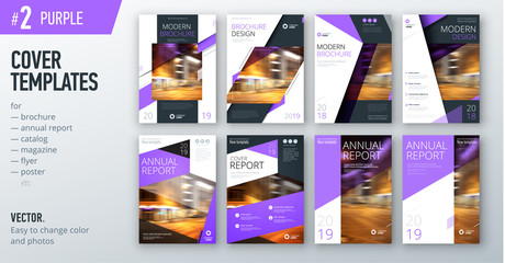 Wall Mural - Set of business cover design template in purple color for brochure, report, catalog, magazine or booklet. Creative vector background concept