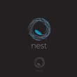 Nest Logo. Soft logo. Сomfort emblem. Luxury linen. Bedding logo. Nest with feather on a dark background.