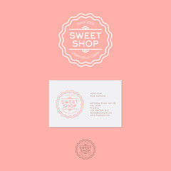 Wall Mural - sweet shop logo. celebration cakes emblem. vintage linear logo on a pink background.