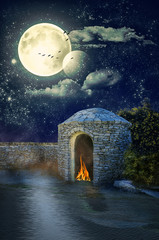 Wall Mural - two moons caused flood inside castle