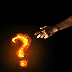 Aufkleber - Concept of help or support with fire burning question mark and creation gesture