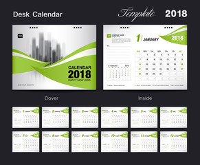 Set Desk Calendar 2018 template design, Green cover, Set of 12 Months, Week start Sunday