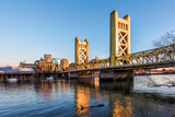 Fototapeta Krajobraz - Gold Tower Bridge in Sacramento California during blue sunset with downtown and goose on floating log