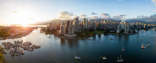 Aerial Panorama Of Downtown City At False Creek, Vancouver, British Columbia, Canada. Taken During A Bright Sunset.