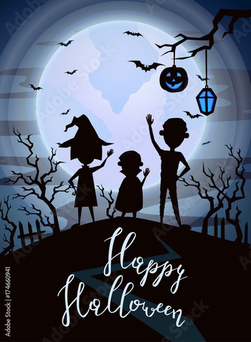 Happy Halloween Party Banner With Kids Silhouettes On Hill In Mystic Forest At Night Under Full Moon Vector Illustration Halloween Night Background With Flying Bats Trees Pumpkin Head Jack Lantern Buy