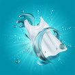 laundry detergent with close up that cleans dirt in clothing, light blue background