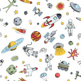 Fototapeta  - Colorful space seamless pattern with space objects