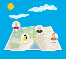 Poster - City map with people avatars. Social netwroking.