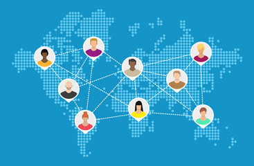 Poster - World map with people avatars. Social netwroking.