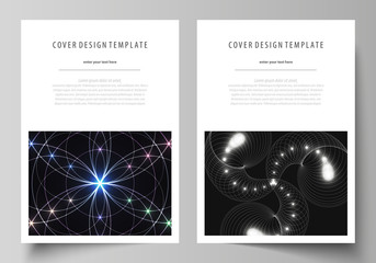 Business templates for brochure, magazine, flyer, booklet or annual report. Cover design template, vector abstract layout in A4 size. Sacred geometry, glowing geometrical ornament. Mystical background