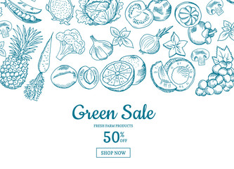 Wall Mural - vector handdrawn fruits and vegetables horizontal sale background