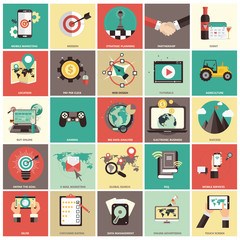 Wall Mural - Set of flat design icons for business, pay per click, creative process, searching, web analysis, work-flow, on line shopping. Icons for website development and mobile phone services and apps.