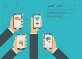 Mobile applications concept. Hands with phones. Flat vector illustration.