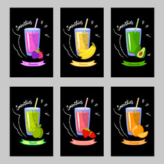 Wall Mural - set of cards with different smoothies on a black background