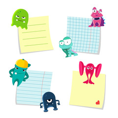 Wall Mural - Vector small notes with shadows set kept by cute monsters isolated on white background