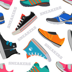 Poster - Seamless pattern with sneakers and walking shoes. Vector pictures in flat style