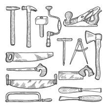 Tools In Carpentry Workshop. Vector Hand Drawn Illustration