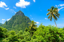 Gros And Petit Pitons Near Village Soufriere On Caribbean Island St Lucia - Tropical And Paradise Landscape Scenery On Saint Lucia