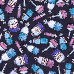 Watercolor and ink hand painted witchy bottles seamless pattern on the purple background. Includes potions, elixirs, magic powder and vials. Halloween design.